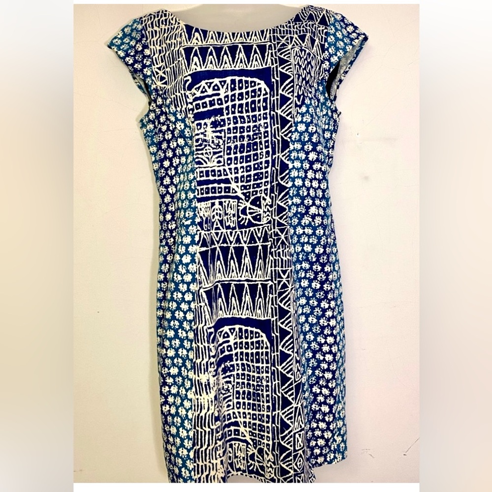 🩵Tracy Reese 'Plenty' Batik-Blues Lined Cap Sleeve Dress